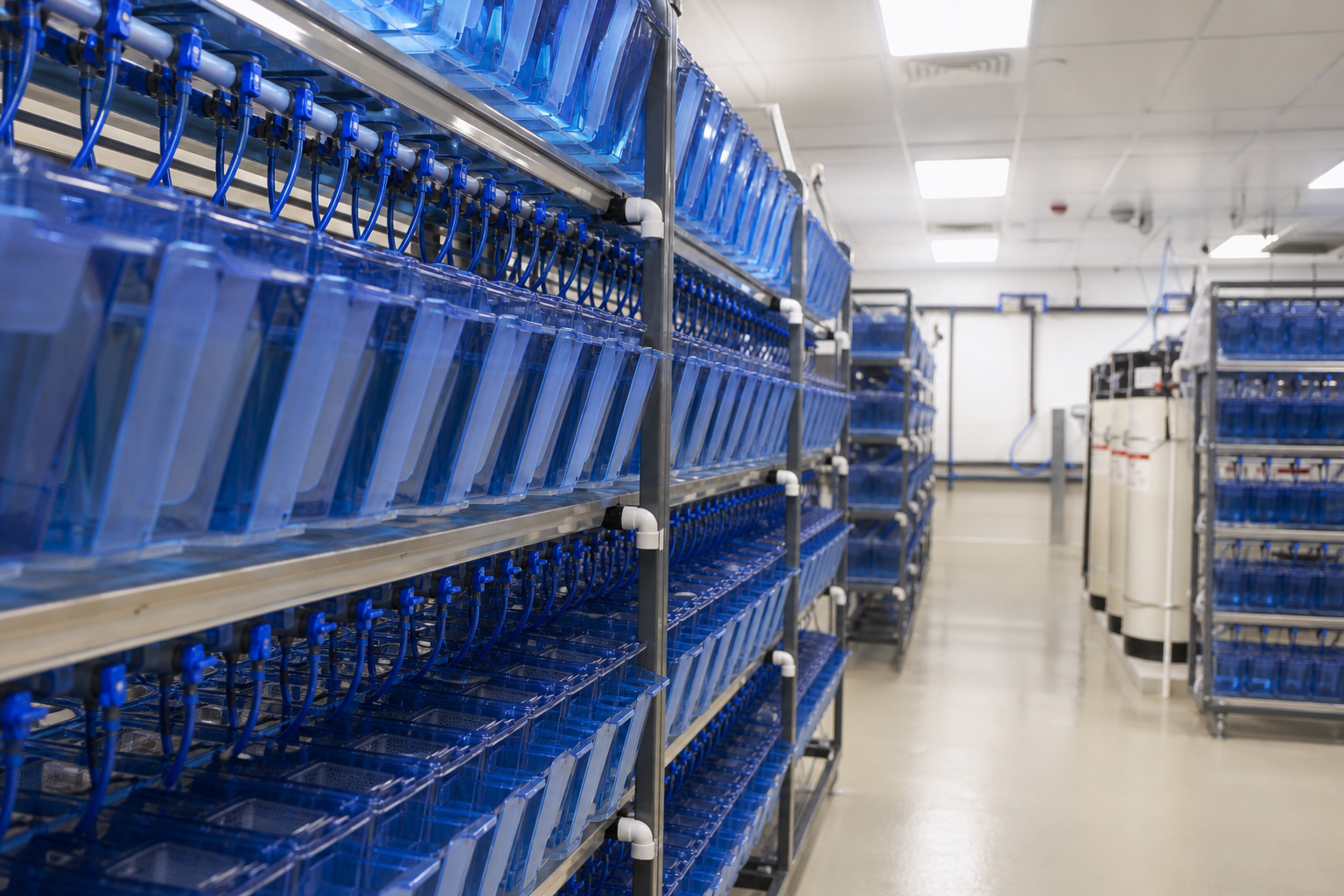 tidy modern zebrafish research facility with rows of tanks on racks, cool blue and white lighting, shallow depth of field, calm and orderly atmosphere, no people, no text, no logos. reference image: h