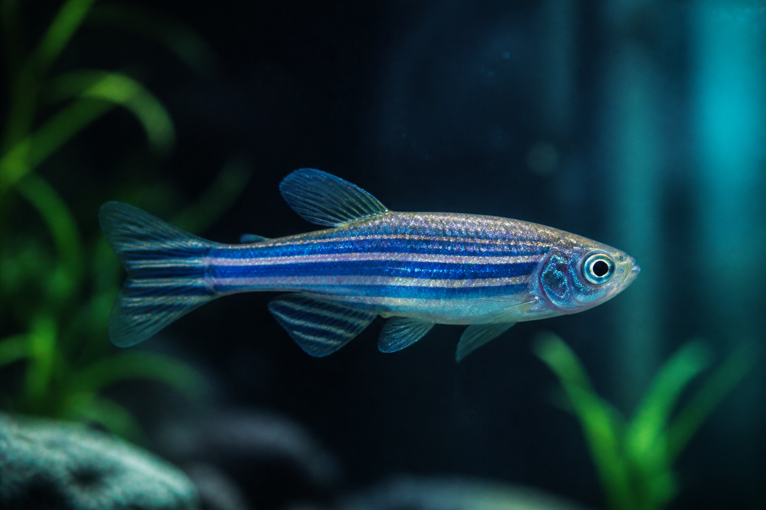 wide cinematic macro photograph of an adult zebrafish with blue and silver horizontal stripes swimming in a clean glass aquarium, soft teal side lighting, dark blurred background, shallow depth of fie