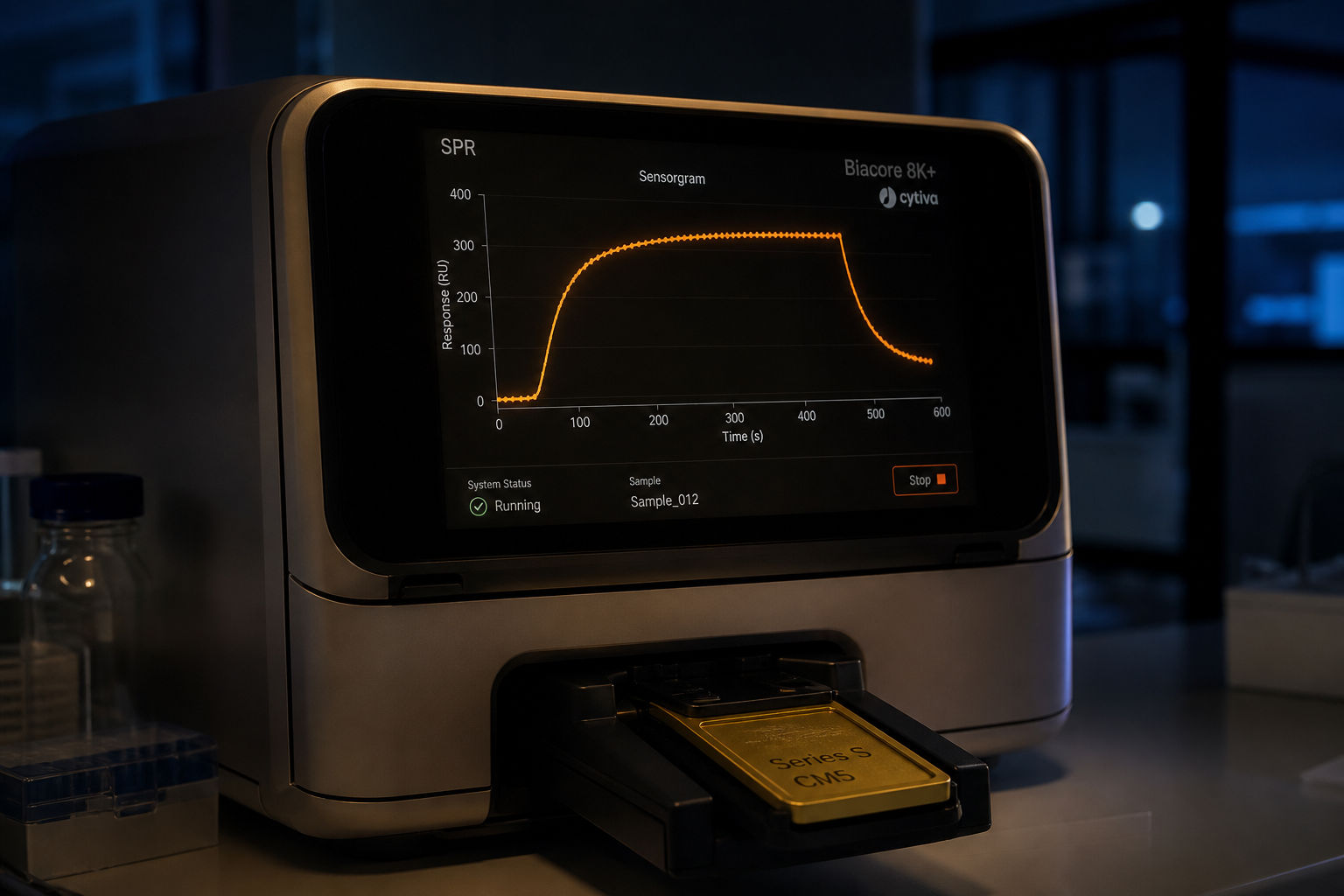 Illustration of an SPR biosensor screen showing an orange sensorgram curve