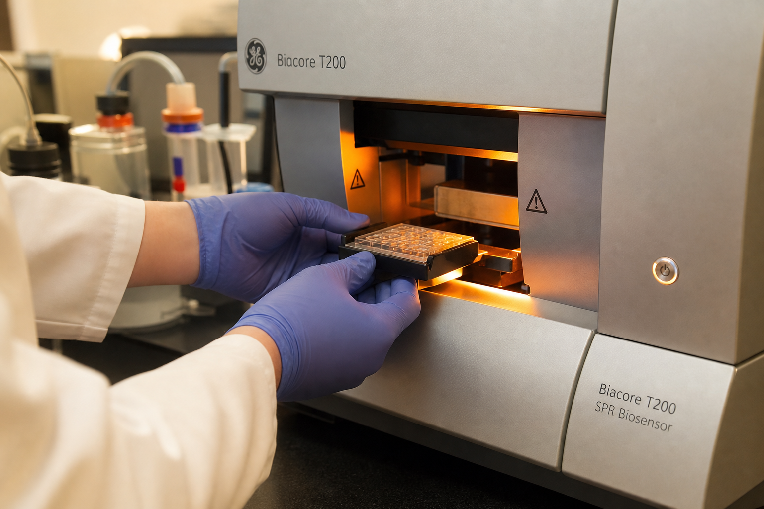Illustration of gloved hands loading a sample plate into a benchtop SPR instrument
