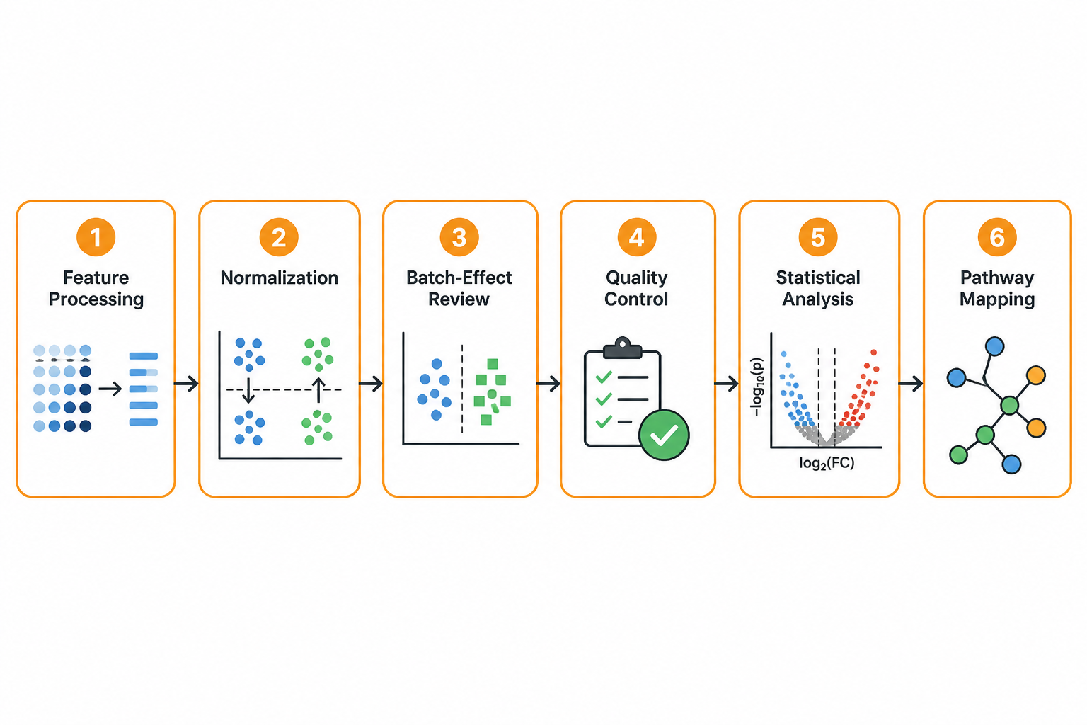 Flow diagram of the data pipeline from feature processing and normalization through QC, statistics and pathway mapping