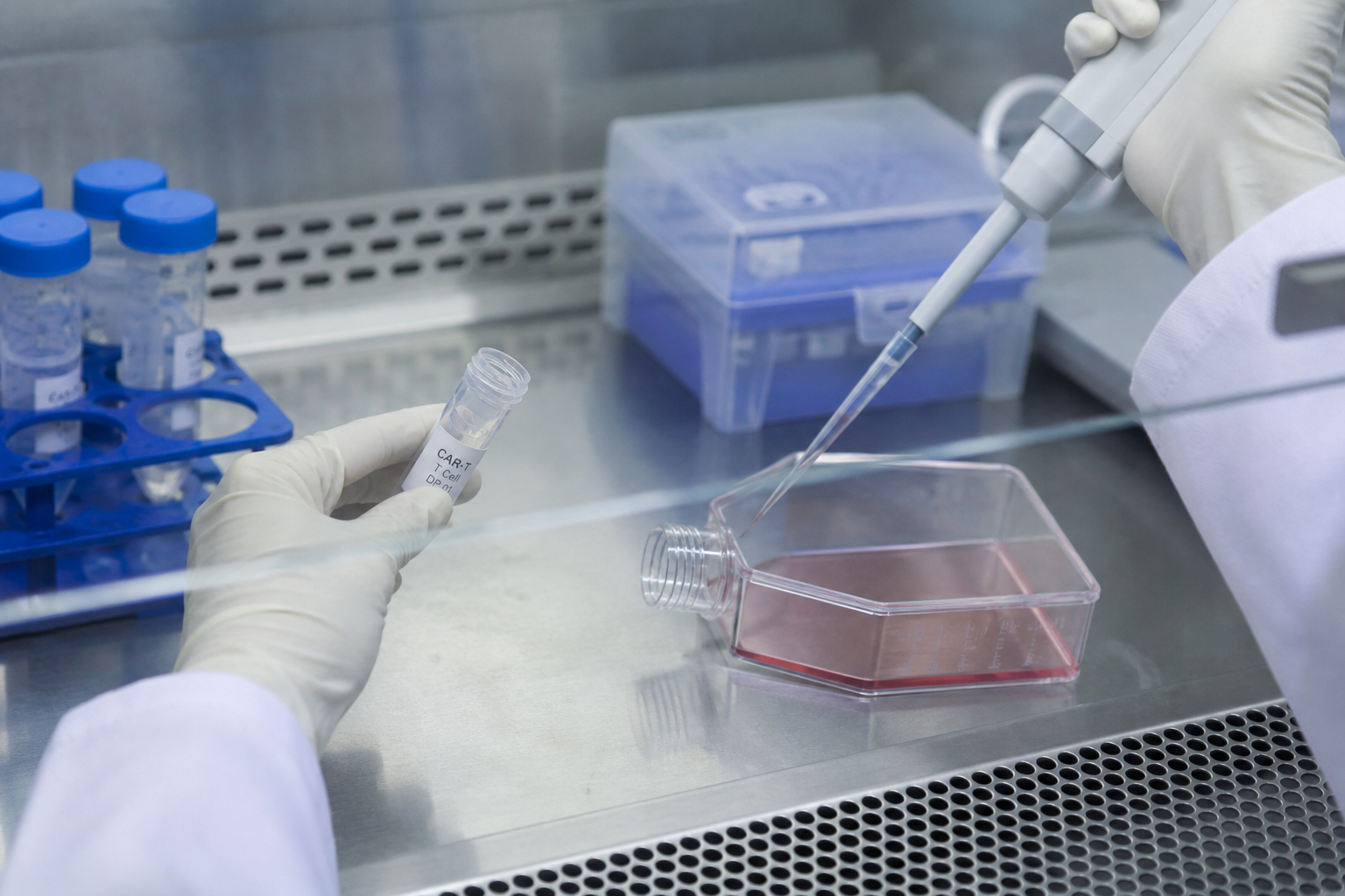 a biotech laboratory scene inside a biosafety cabinet, gloved hands holding a small cryovial and pipette near a cell culture flask filled with pale pink liquid, soft clinical lighting with a subtle bl