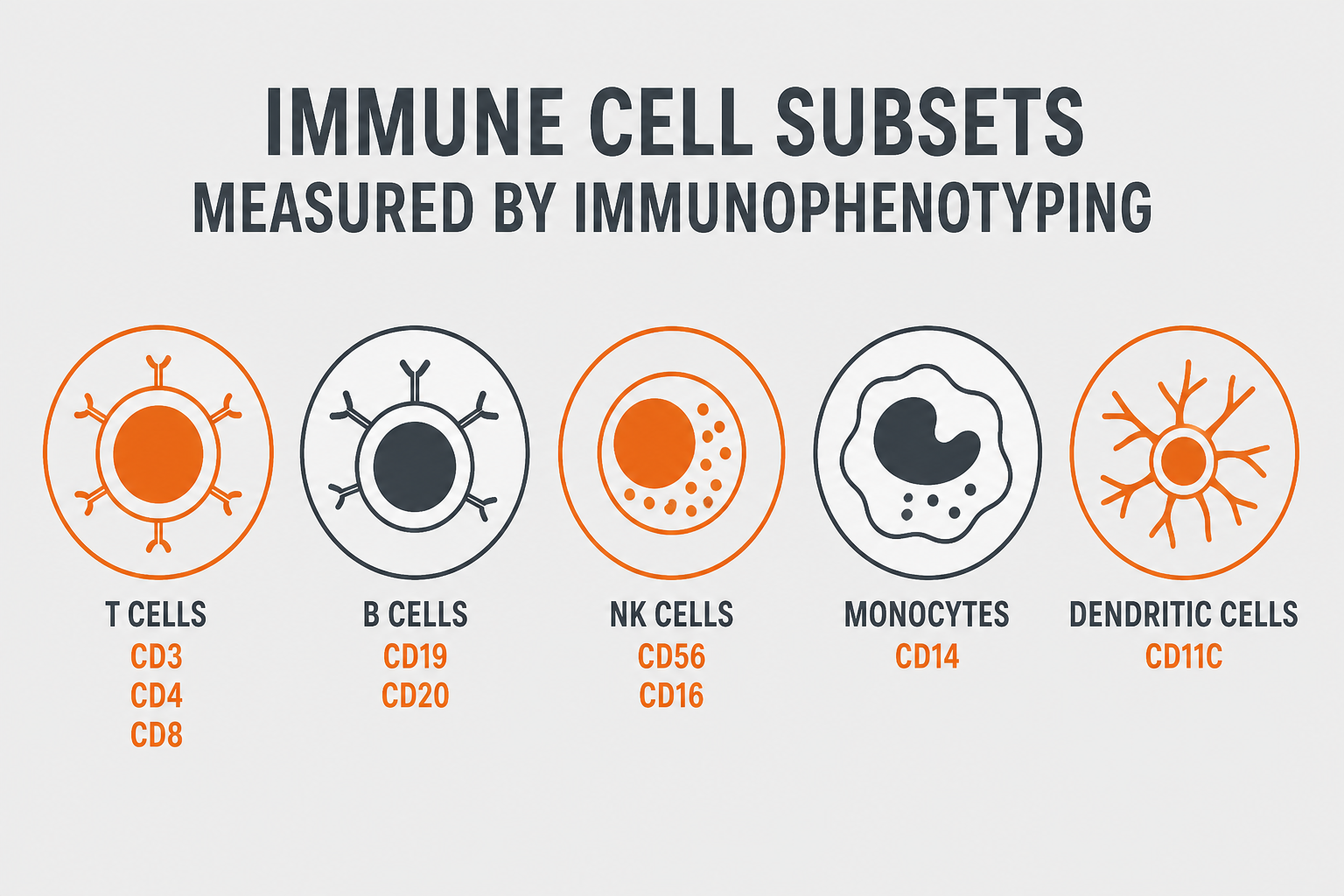 Infographic of immune cell subsets: T cells, B cells, NK cells, monocytes and dendritic cells