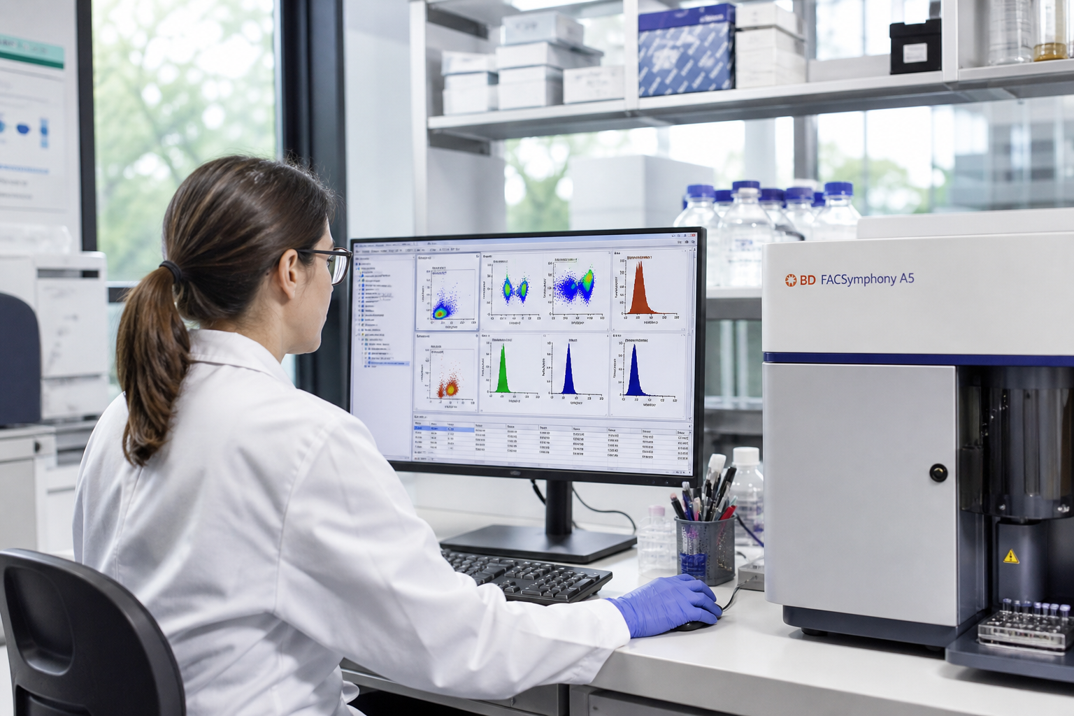 Illustration of flow cytometry dot plots on a lab computer monitor