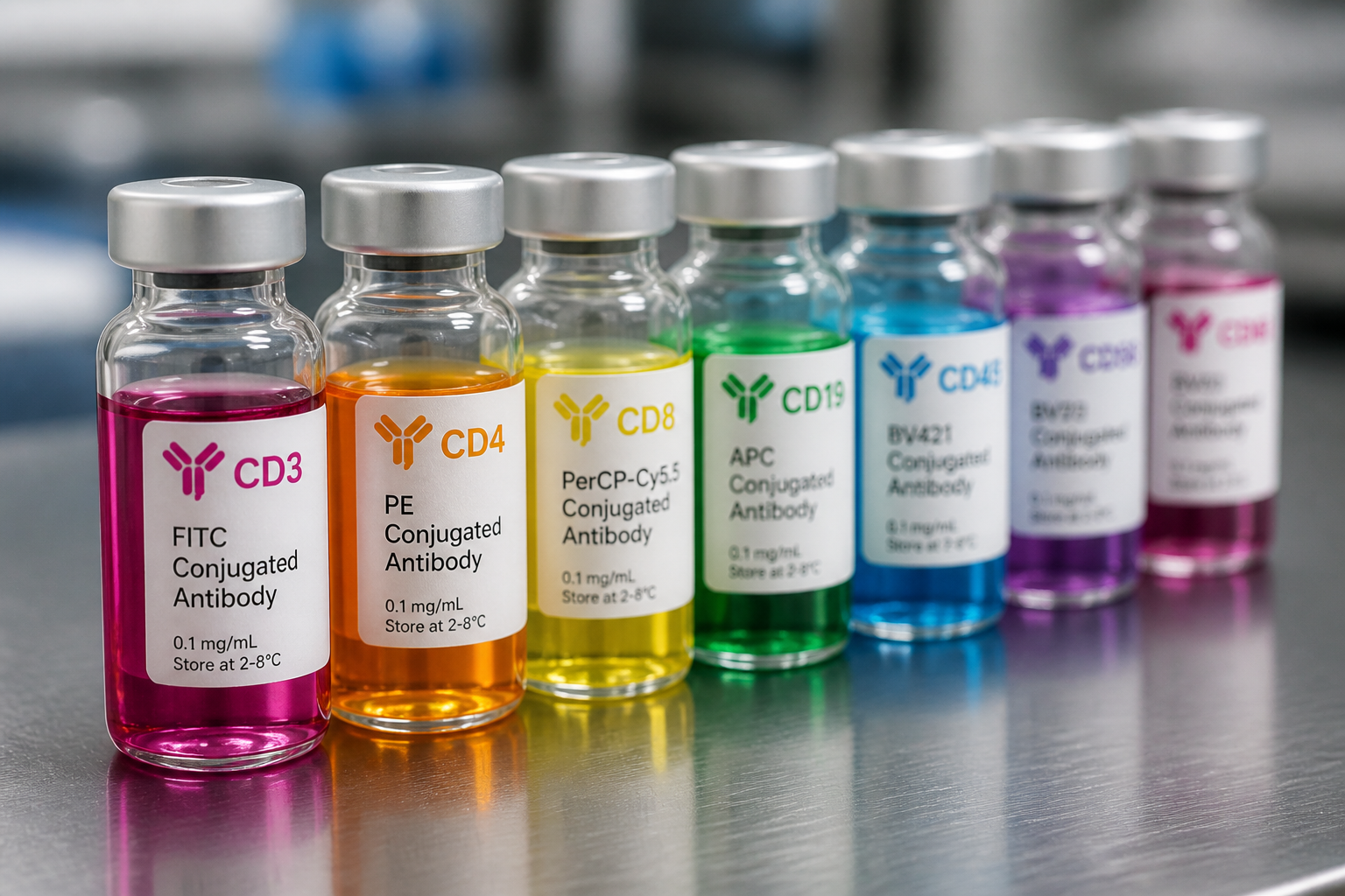 Small glass vials of antibody reagents on a lab bench