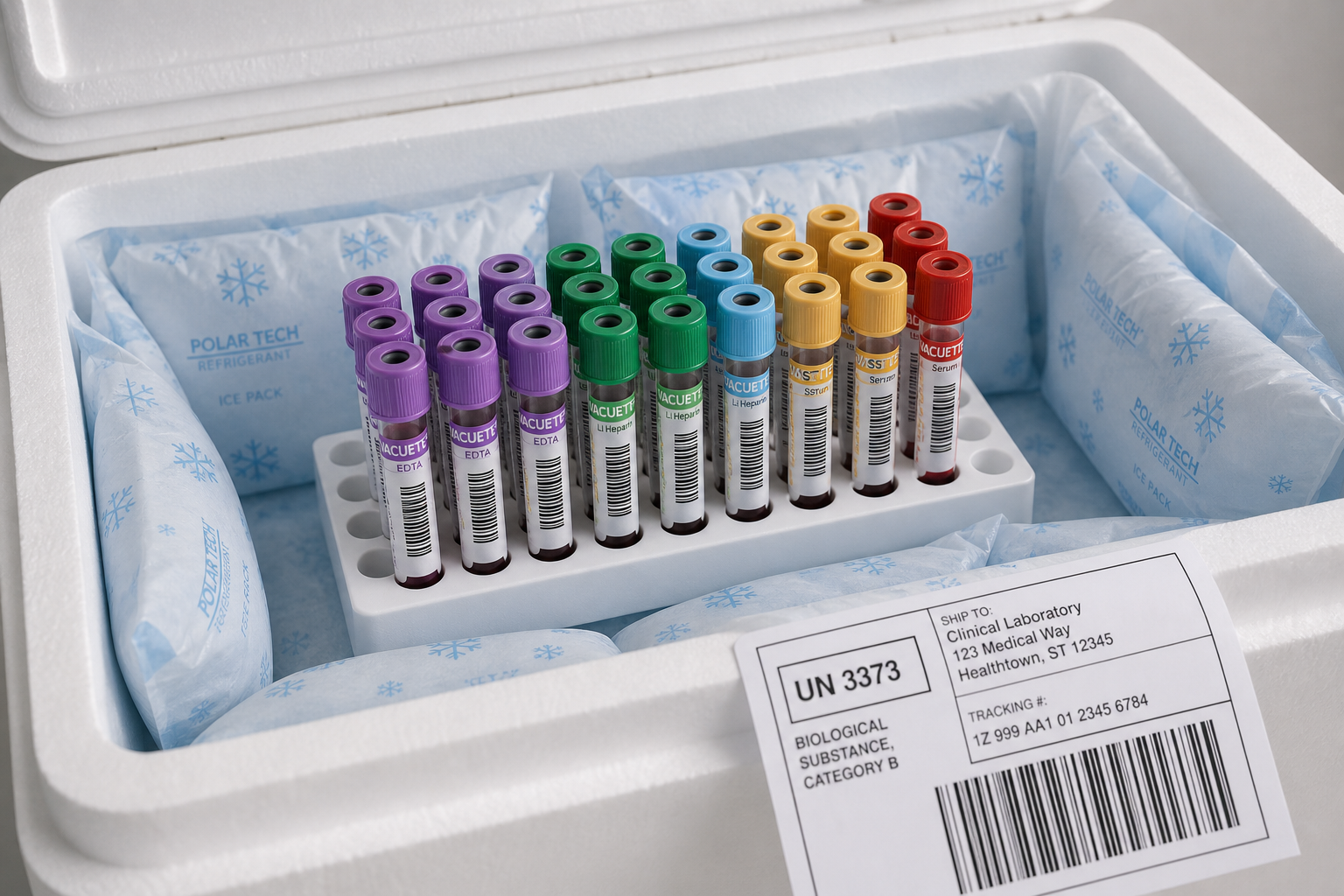 Rack of research blood collection tubes packed with ice packs for shipping