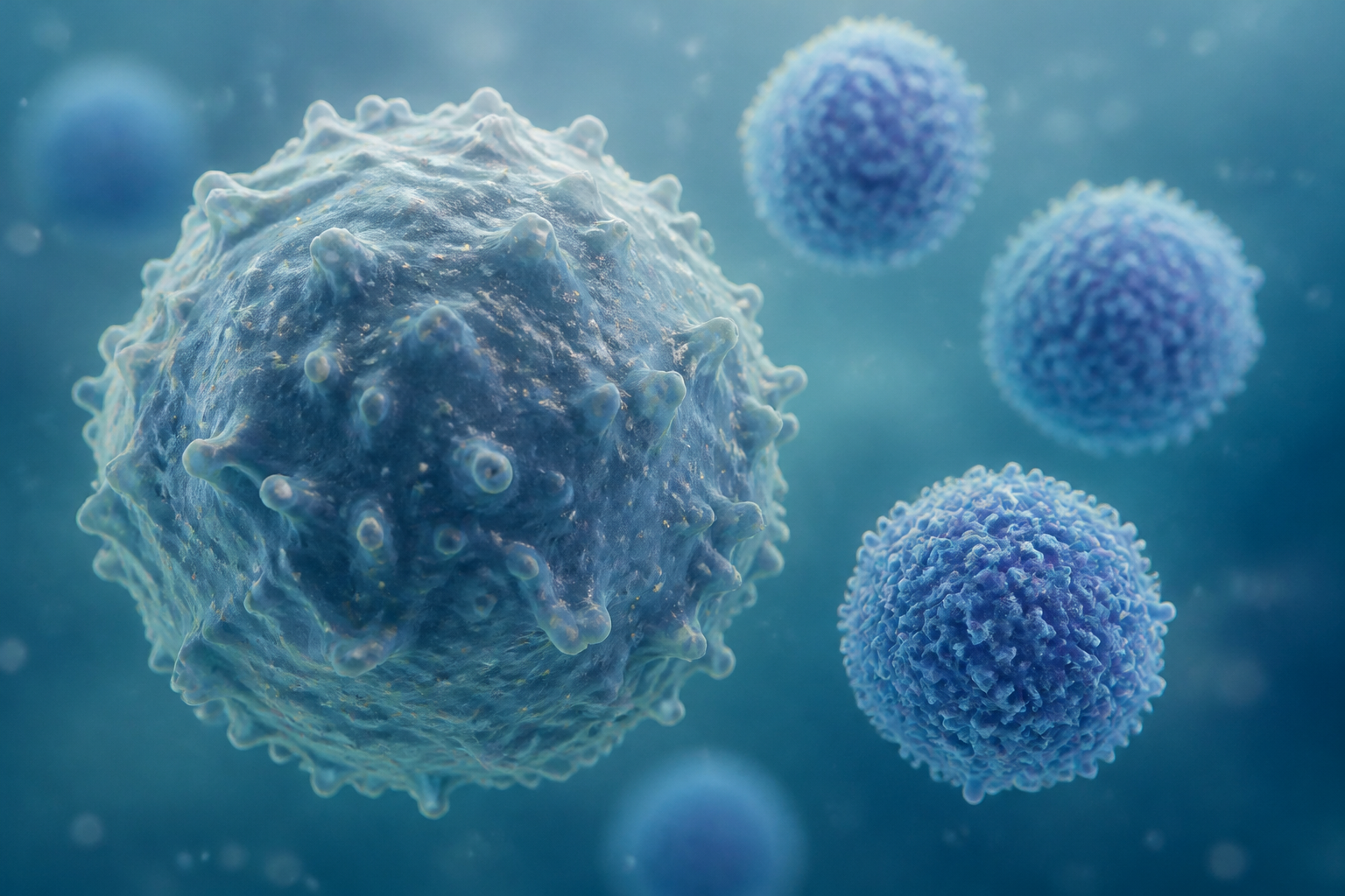 Microscopy-inspired illustration of immune cells with varied sizes and surface textures