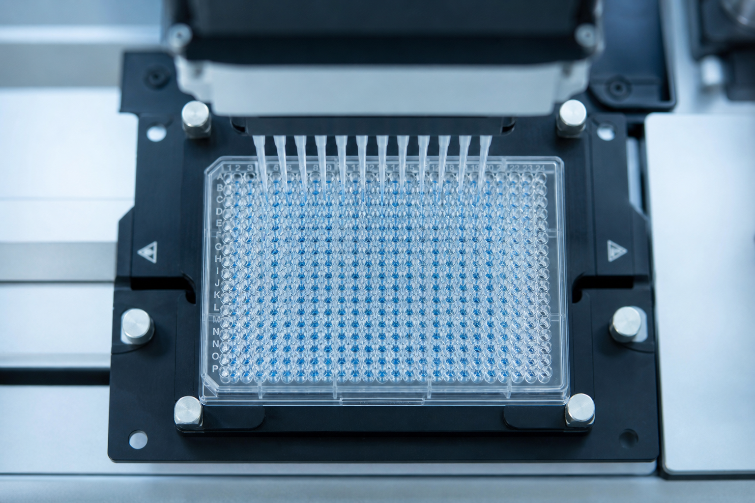 Illustrative image of pipette tips dispensing into a 384-well microplate