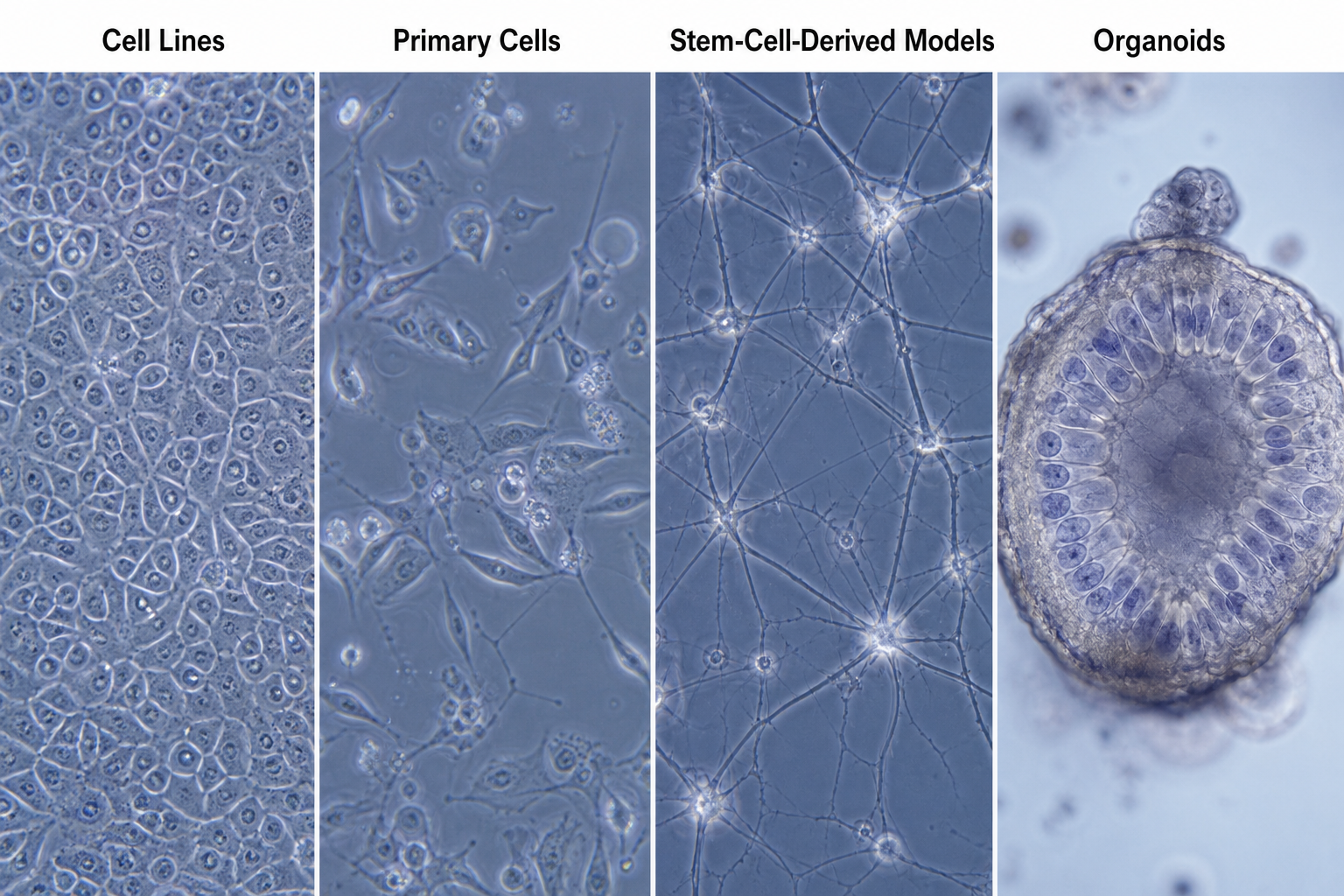 Microscopy-style comparison of immortalized cell lines, primary cells, stem-cell-derived neuronal models and a 3D organoid