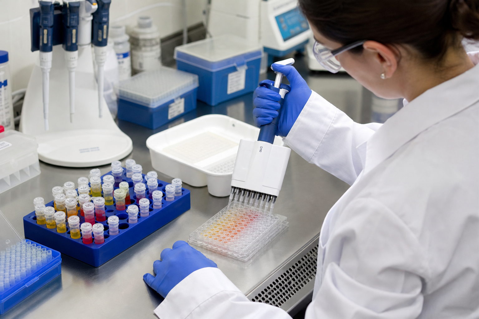 Scientist using a multichannel pipette with an ELISA plate and biological sample tubes.