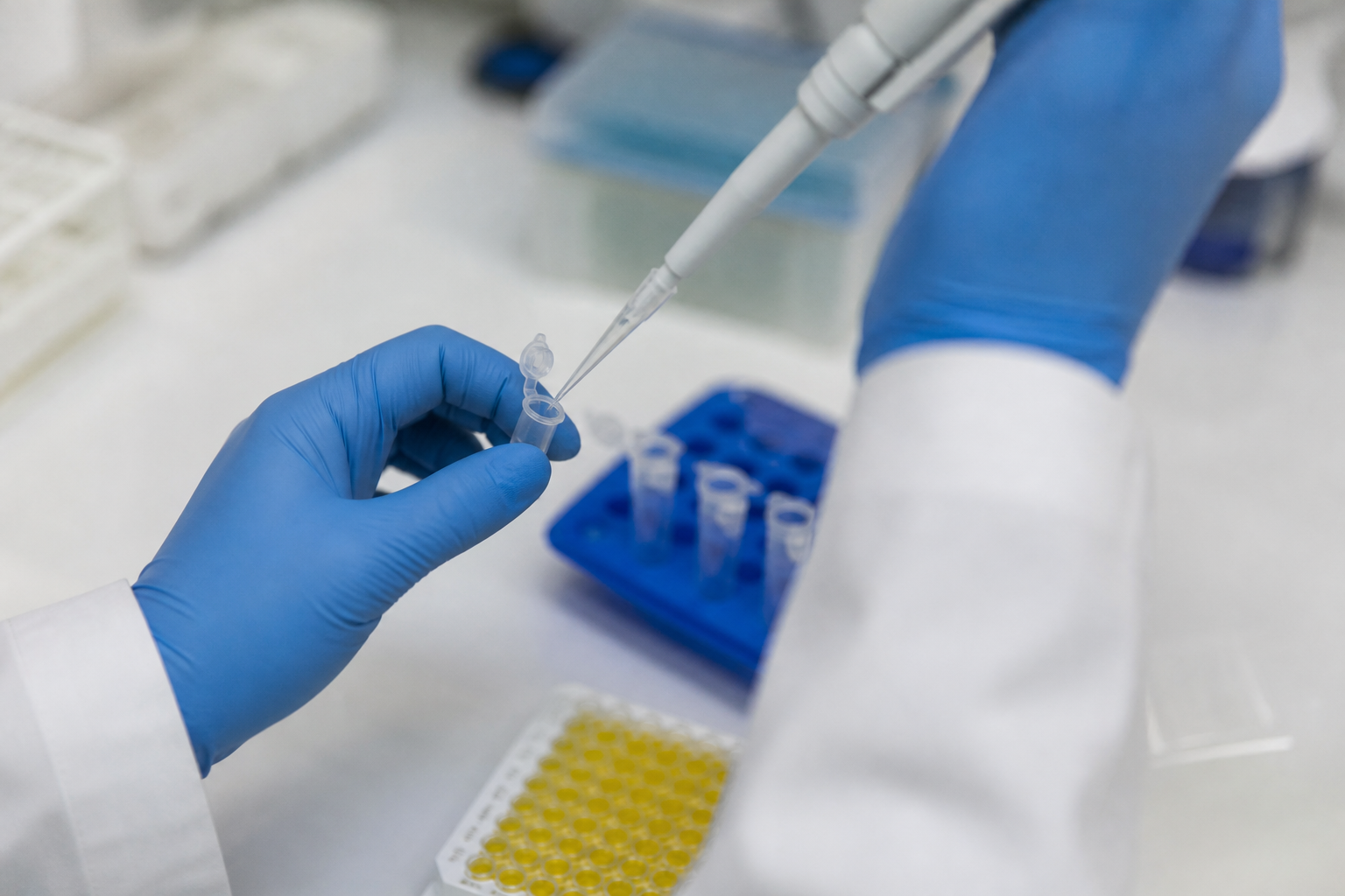 Gloved hands pipetting into a microcentrifuge tube beside a tube rack and a partially visible ELISA plate with yellow wells.