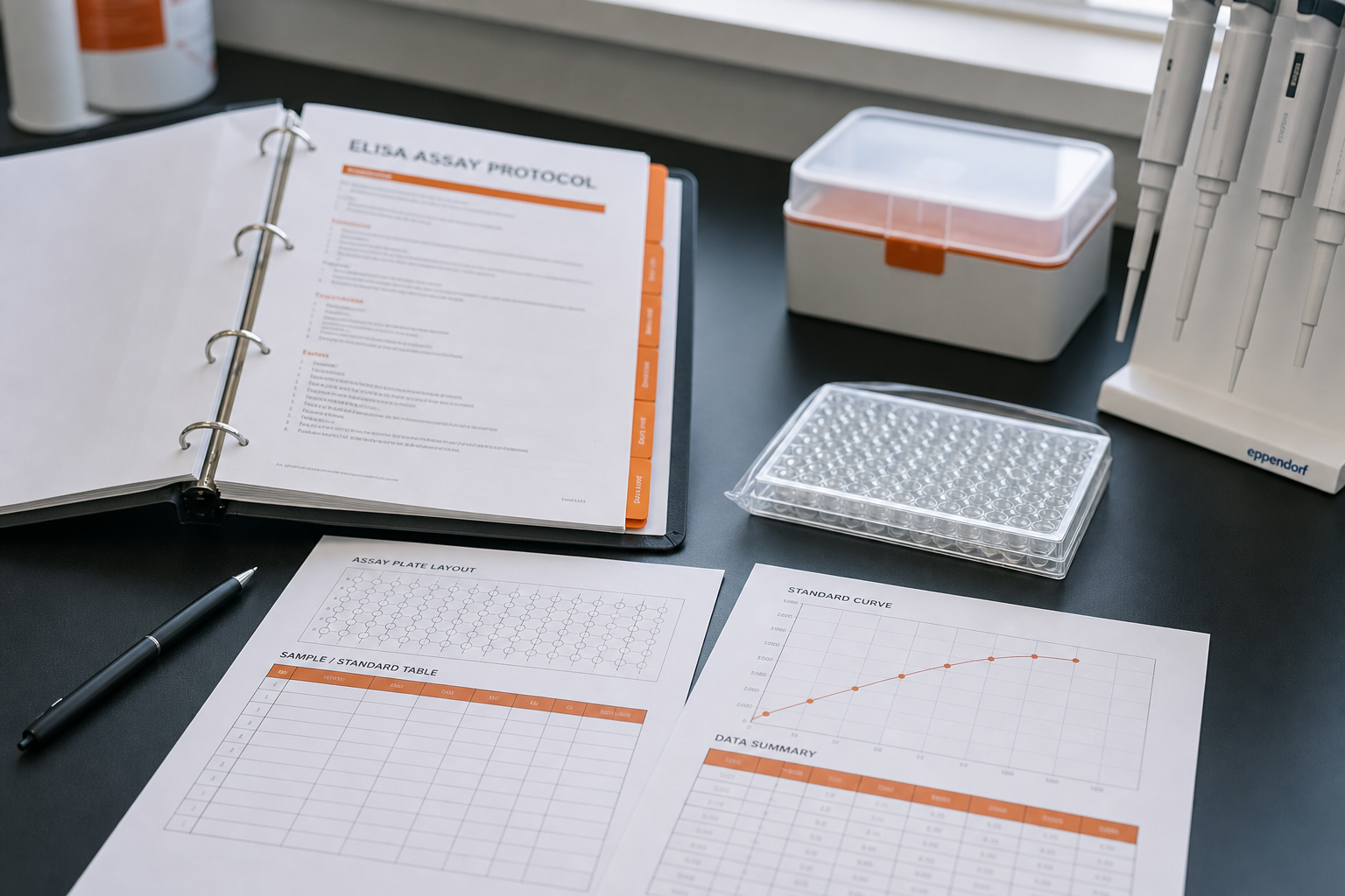 ELISA documentation workspace with a protocol binder, assay worksheets, a standard-curve plot, pipettes and a covered microplate.
