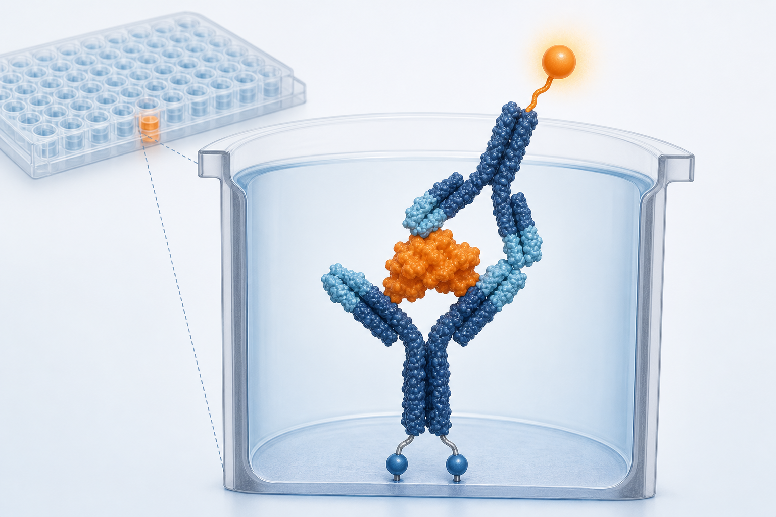 Sandwich ELISA illustration showing an immobilized capture antibody, antigen and labeled detection antibody.