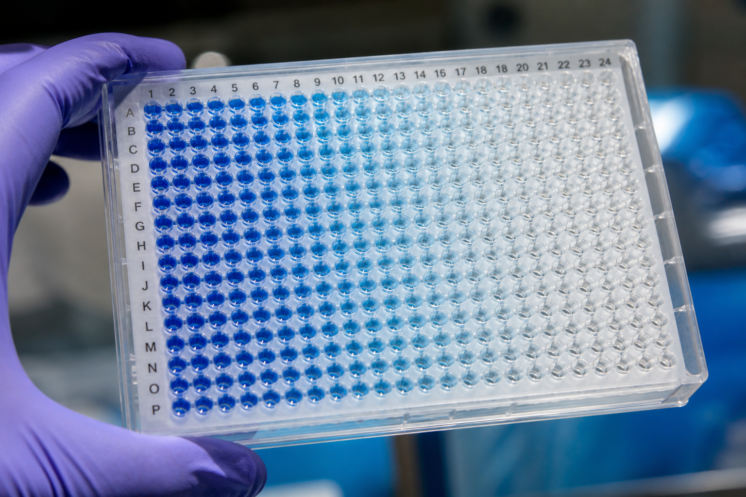 Illustration of a 384-well microplate held in a gloved hand, wells showing a blue-to-clear fluorescent gradient
