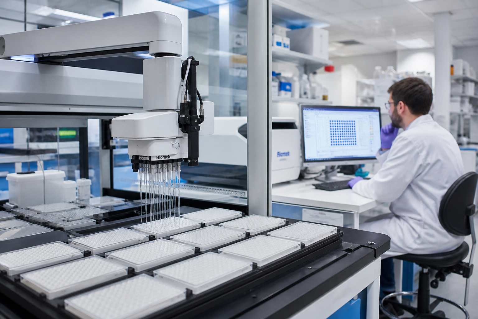 Illustration of a robotic liquid-handling arm over rows of microplates, with plate-reader data on a monitor