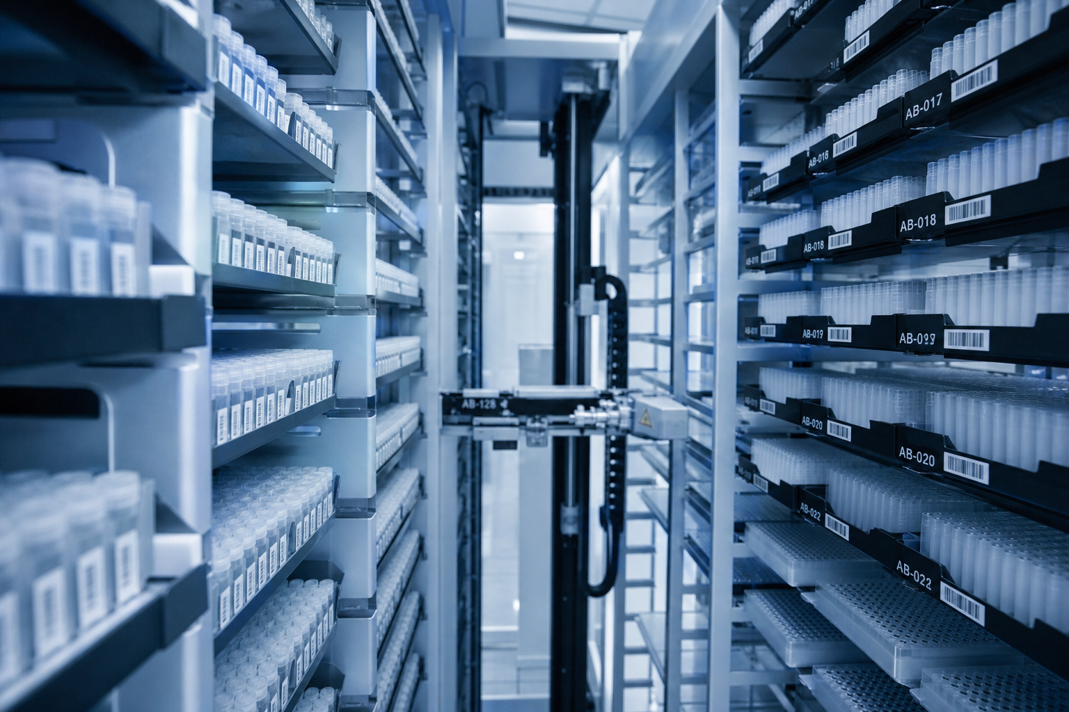 Illustration of compound storage racks holding barcoded tubes and microplates under blue lighting
