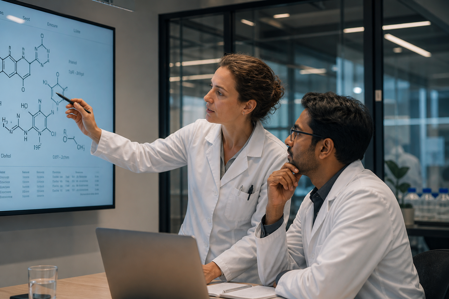 Illustration of two people reviewing chemical structure diagrams on a large monitor
