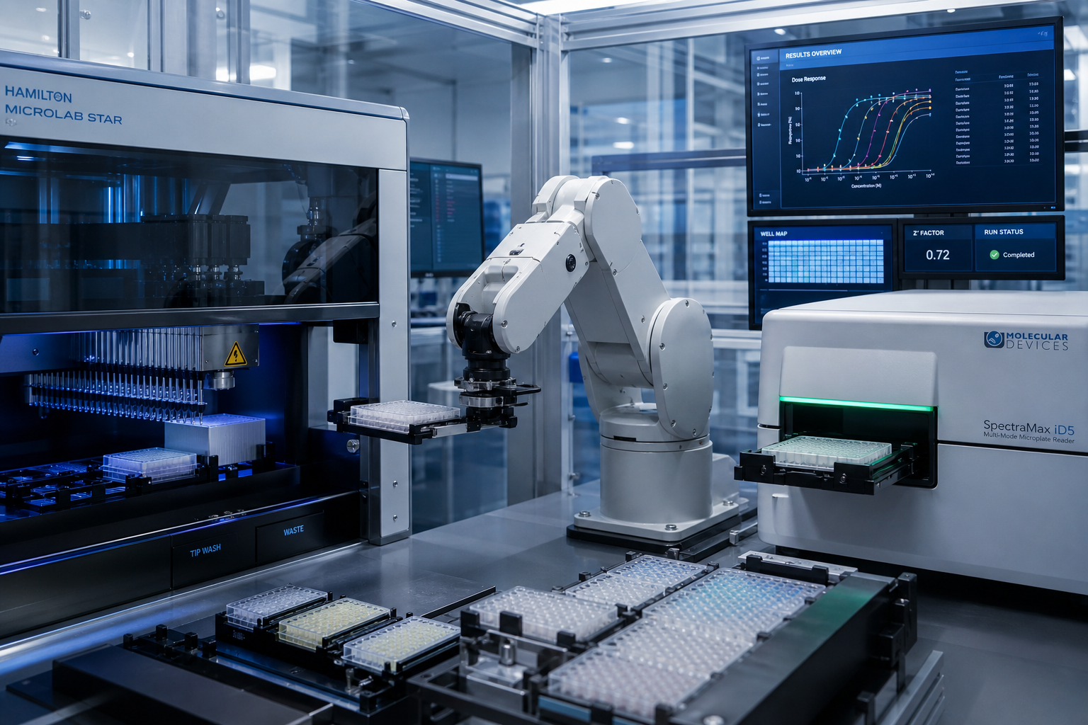 Illustration of an automated screening line with a robotic arm moving a microplate to a plate reader