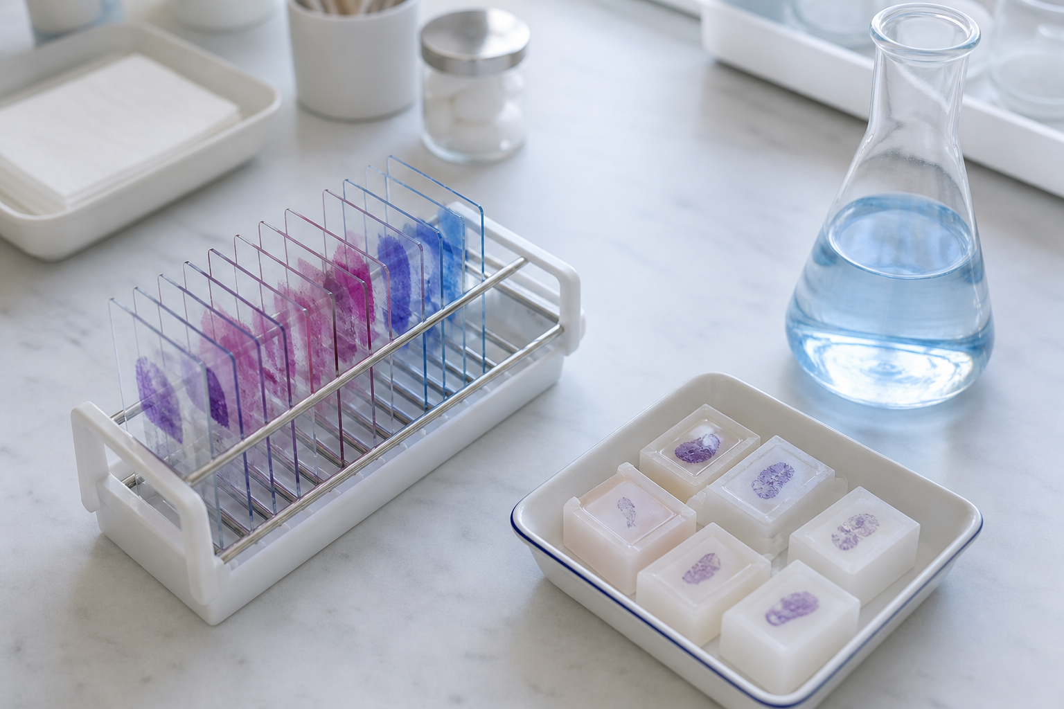 tidy laboratory bench scene viewed from above showing glass microscope slides in a staining rack, a small tray of paraffin tissue blocks, and a flask of buffer, soft daylight, shallow depth of field, 