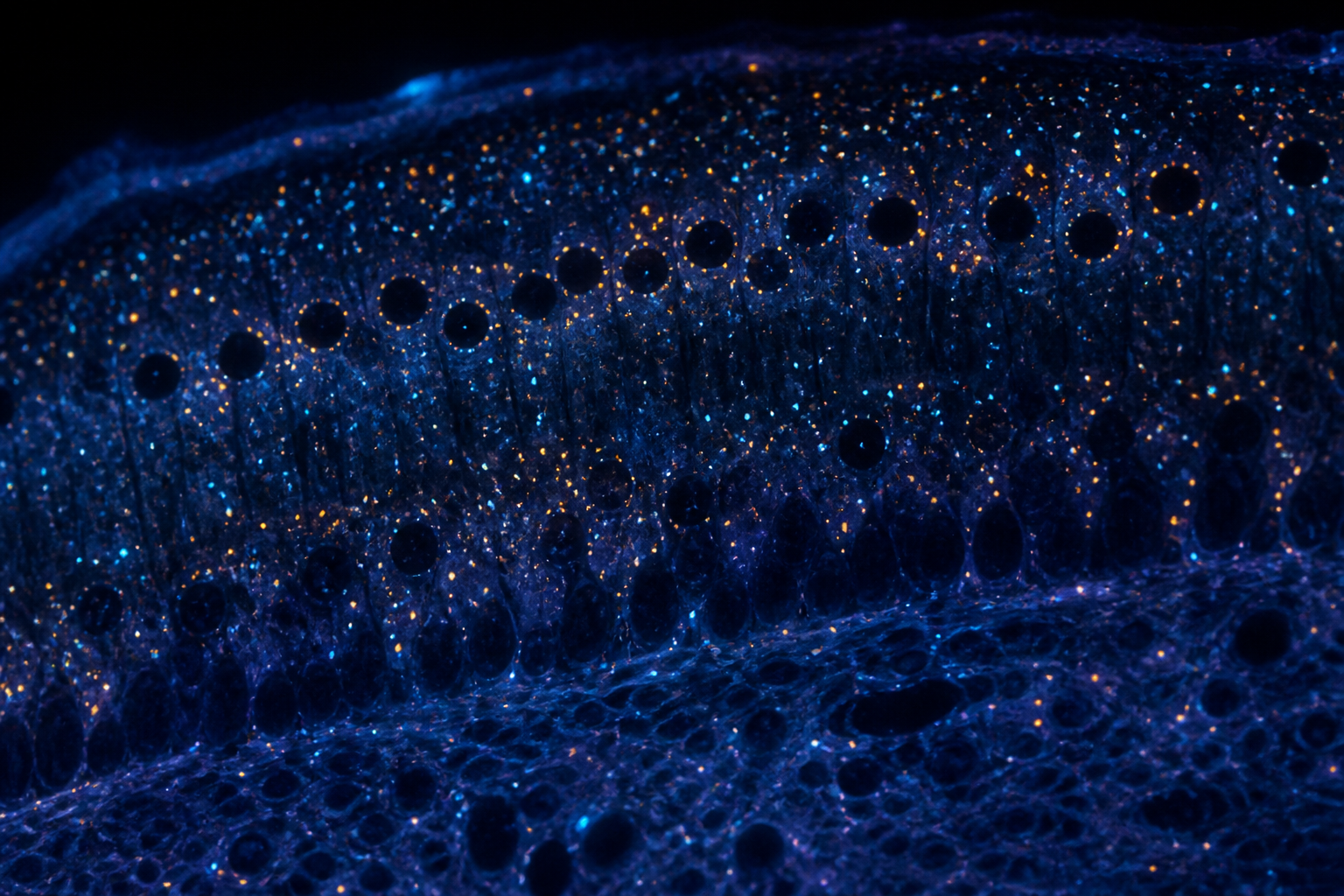 wide cinematic microscopy photograph of a thin tissue section in deep navy blue tones, scattered with thousands of tiny glowing orange and cyan pinpoint dots clustered around dark round cell nuclei, s